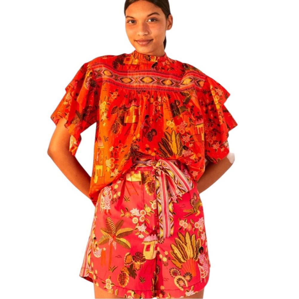 Farm Rio Red Secret Garden Organic Cotton Blouse Size Small